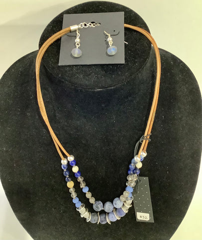 Blue bead leather chain necklace set