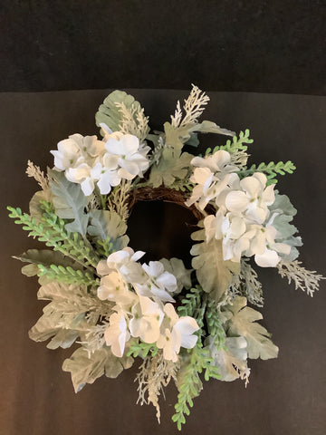 Soft green foliage & white hydrangea candle ring