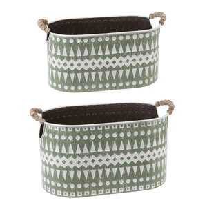 Sage & White Geo oval planter with beaded handles (2 sizes)